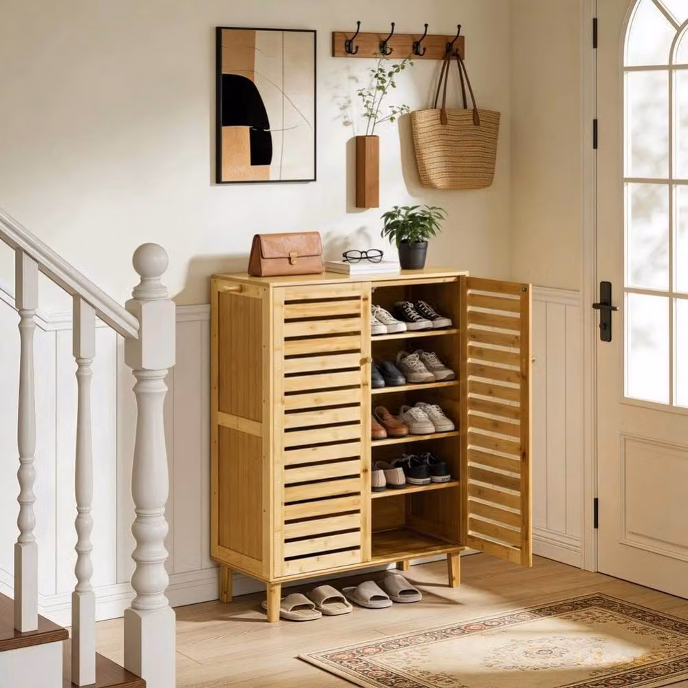 NESTLUNE 2 Door 5-Tier Tall Wood Shoe Cupboard Organizer in Brown, H 100 cm x W 100 cm x D 15 cm – 3