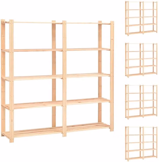 Berkfield Home 5-Tier Solid Pinewood Storage Racks, 5 Piece Set, Beige, H 170 x W 170 x D 38 cm