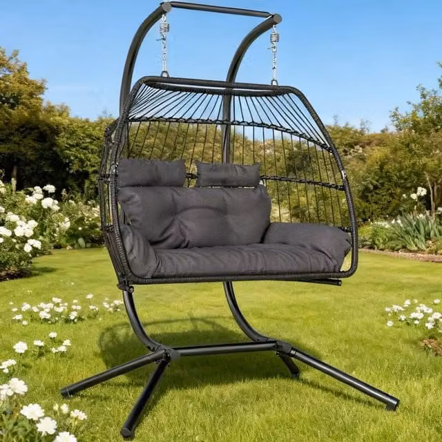 ERGOVEXA Rattan Double Hanging Egg Chair with Stand in Dark Grey – 1