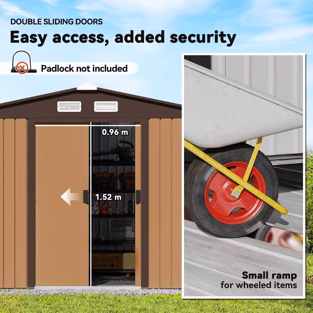 Rolipo Brown Metal Garden Shed with Foundation Kit and Double Doors, W: 274.3 cm, D: 182.9 cm, H: 183.0 cm – 5