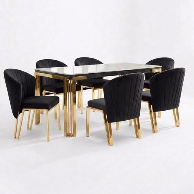 HOME LUXE INTERIOR Sorrento 180cm White Marble and Gold Dining Table with 6 Fabio Black Chairs – 1