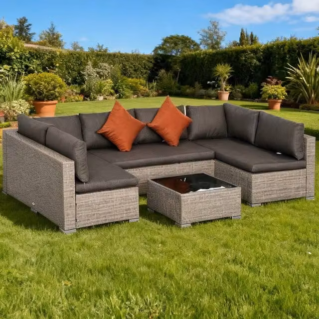 ERGOVEXA 6 Seater Grey Rattan L-Shape Outdoor Sofa Set with Upholstered Cushions and Tempered Glass Coffee Table