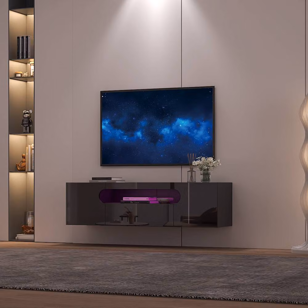 KEEPREAPER Sleek Floating TV Stand with LED Light and Storage Cabinet in Black – 8