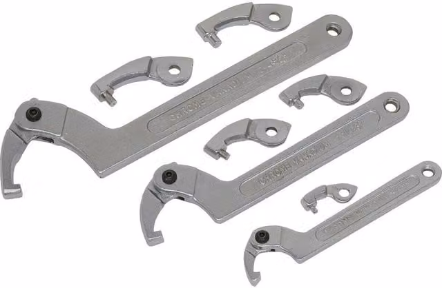 Loops 11 Pack Adjustable C Spanner Set, Silver and Multicolour Chrome Vanadium and Stainless Steel Hook and Pin Retaining Ring Hinged Arm Wrench