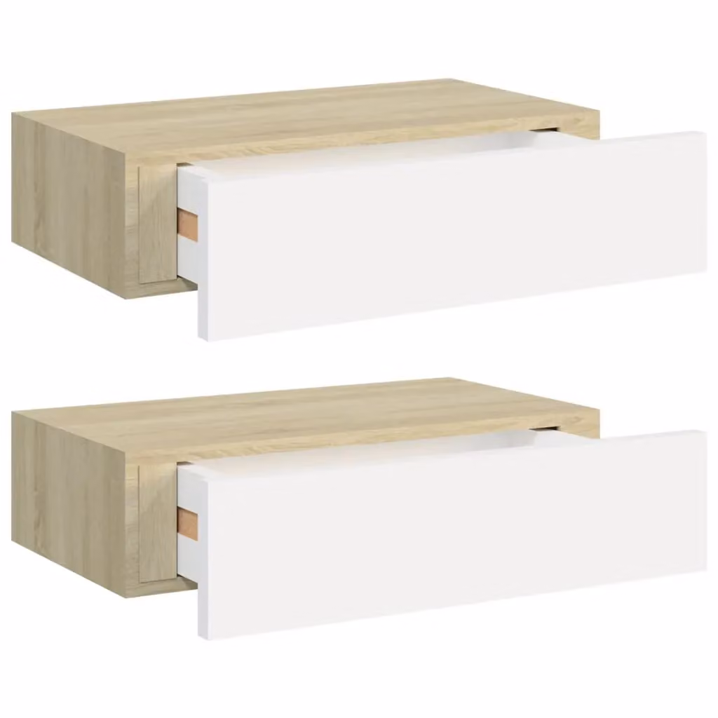 Berkfield Home Wall Mounted Drawer Shelves, 2 Piece Set in Oak and White, W/D/H: 40 x 23.5 x 10 cm – 2