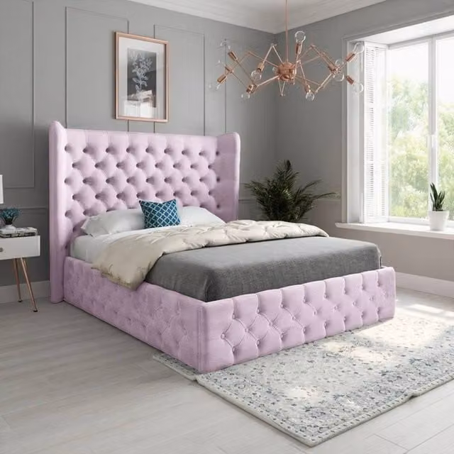 Casani Ickworth Single Upholstered Wide Winged Designer Bed Frame in Pink Velvet – 1