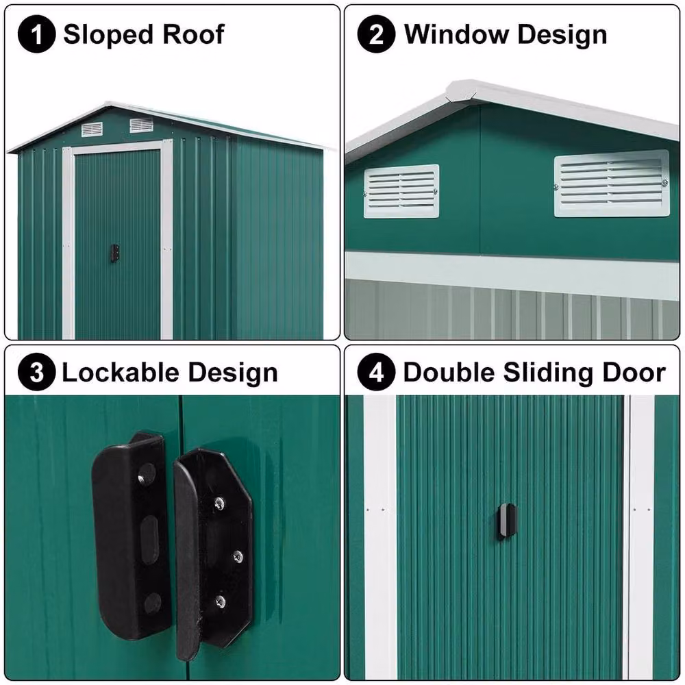 FLAVORA Green Metal Garden Shed with Double Doors and Gable Roof – 3