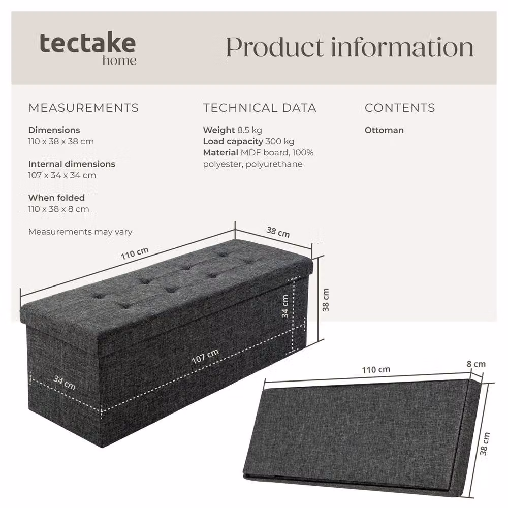 tectake Storage Stool in Grey Fabric with Removable Cover – 6