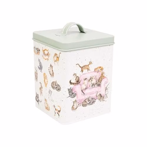 Wrendale Designs Metal Cat Treat Storage Tin in Multicolour Pink Green and White