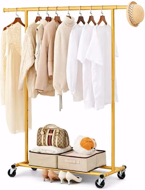FLAVORA Gold Heavy Duty Extendable Clothes Rail with Glossy Metal Top Bar