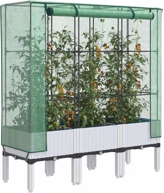 Berkfield Home Raised Bed with Greenhouse Cover in White Rattan Look, W/D/H: 120 x 40 x 140 cm