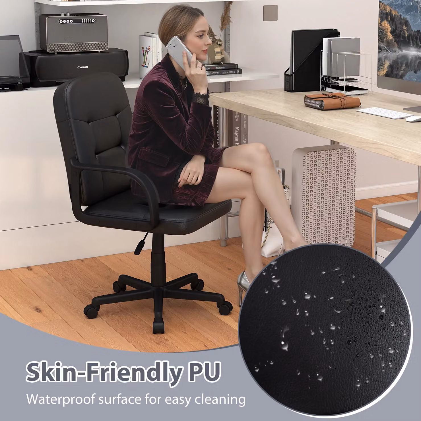 Costway Black PU Leather Executive Office Chair with Ergonomic Back and 360 Degree Swivel – 9