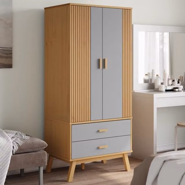 Berkfield Home OLDEN Wardrobe in Grey and Brown Solid Pine, W/D/H: 76.5 x 53 x 172 cm