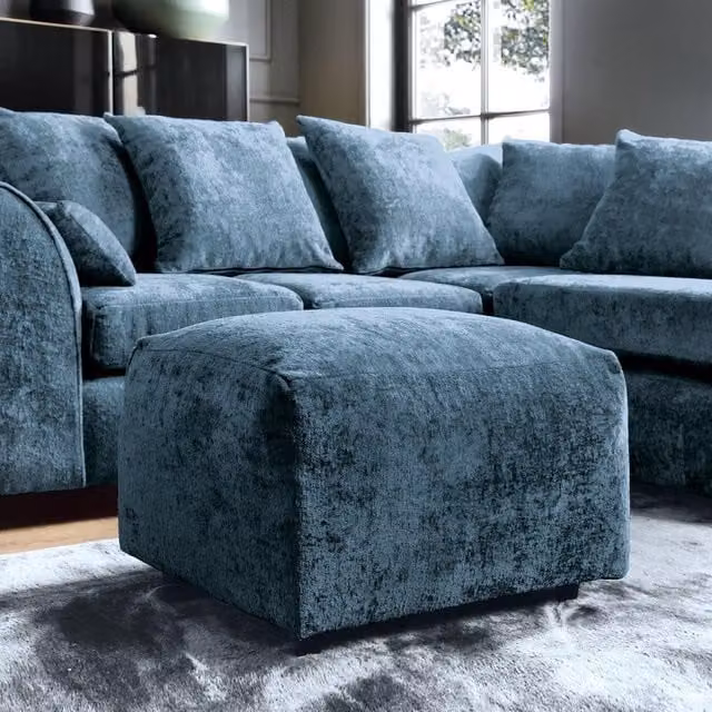 Abakus Direct Harriet Crushed Chenille Footstool in Blue, W/D/H: 60 x 50 x 47 cm