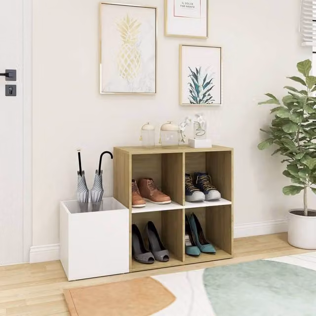 Berkfield Home Hall Shoe Cabinet in White and Sonoma Oak, W/D/H: 105 x 35.5 x 70 cm