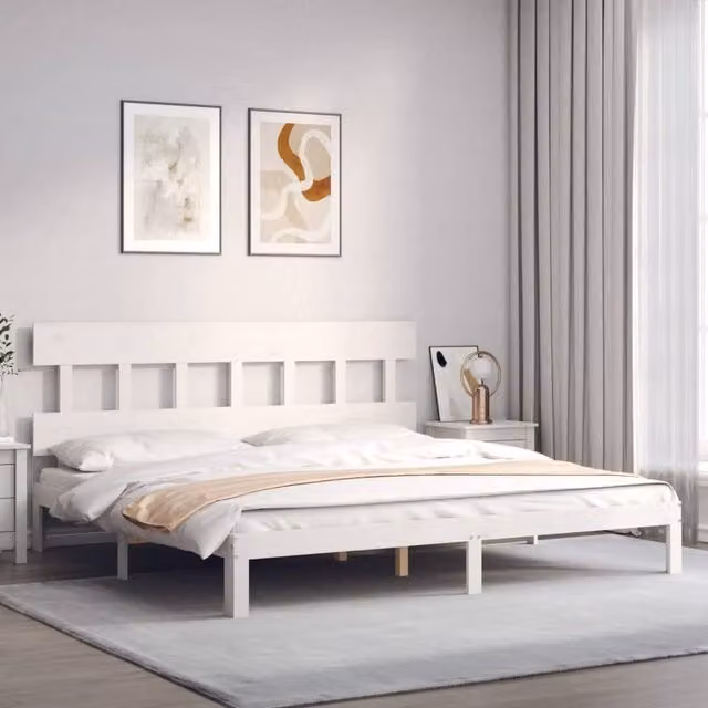 Berkfield Home Beautiful Solid Wood Bed Frame with Headboard in White W/D/H: 200 x 200 x 81 cm
