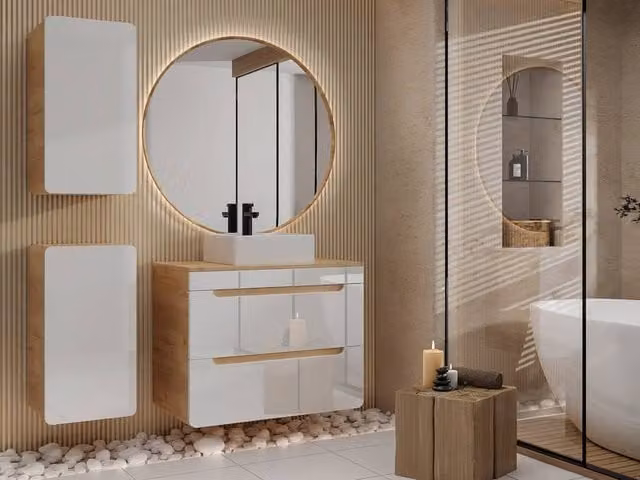 Vente-unique Modern Wall-Mounted Bathroom Furniture Set in Light Oak with Ceramic Countertop Basin, Tall Cabinet and Two Columns, W/D/H: 59 x 46 x 80 cm
