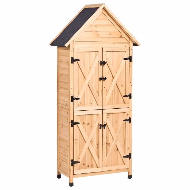 Wyld and Coco Natural Fir Wood Outdoor Garden Shed with Double Doors and Internal Shelving, W/D/H: 183 x 85 x 70 cm