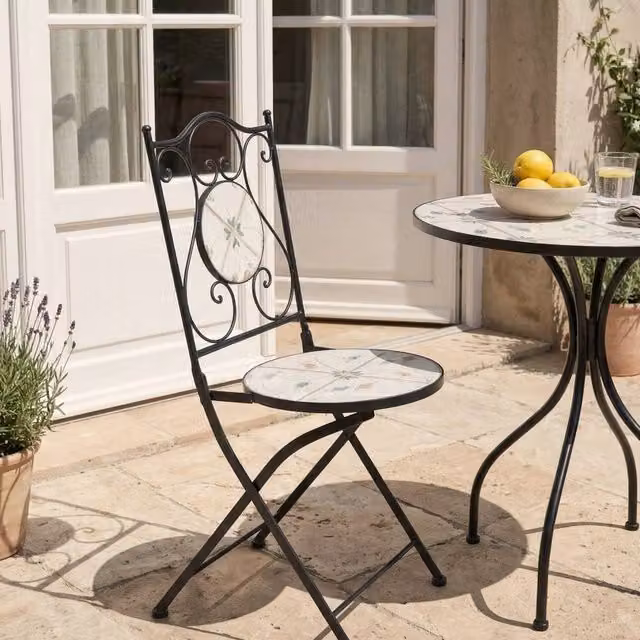 Wyld and Coco Set of 2 Black Iron Folding Garden Chairs with Round Floral Ceramic Mosaic Seats