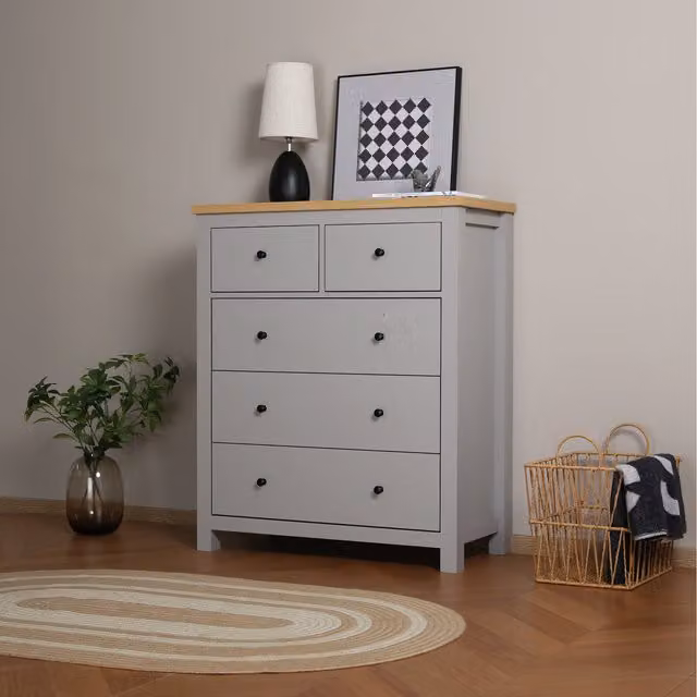 Wiltshire Grey 5 Drawer Chest with Wooden Top