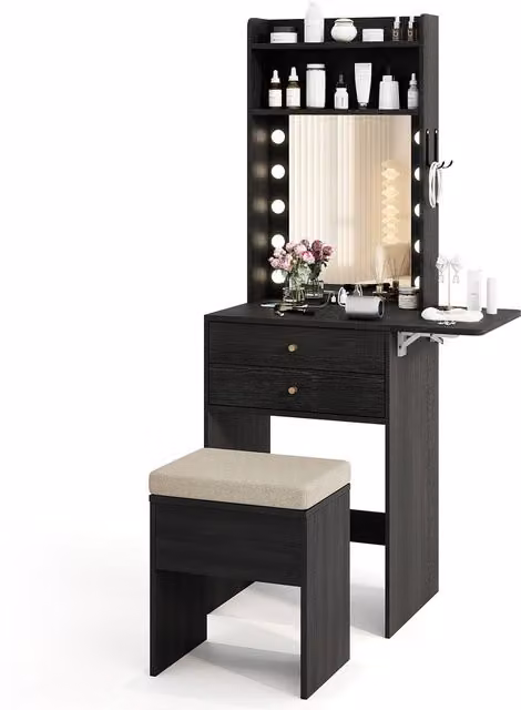 Costway Modern Black Drop Leaf Vanity Desk with Hollywood LED Lighting and Charging Station