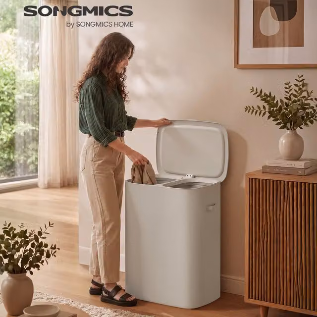 SONGMICS 160L Laundry Hamper with 2 Compartments and Lid, Beige