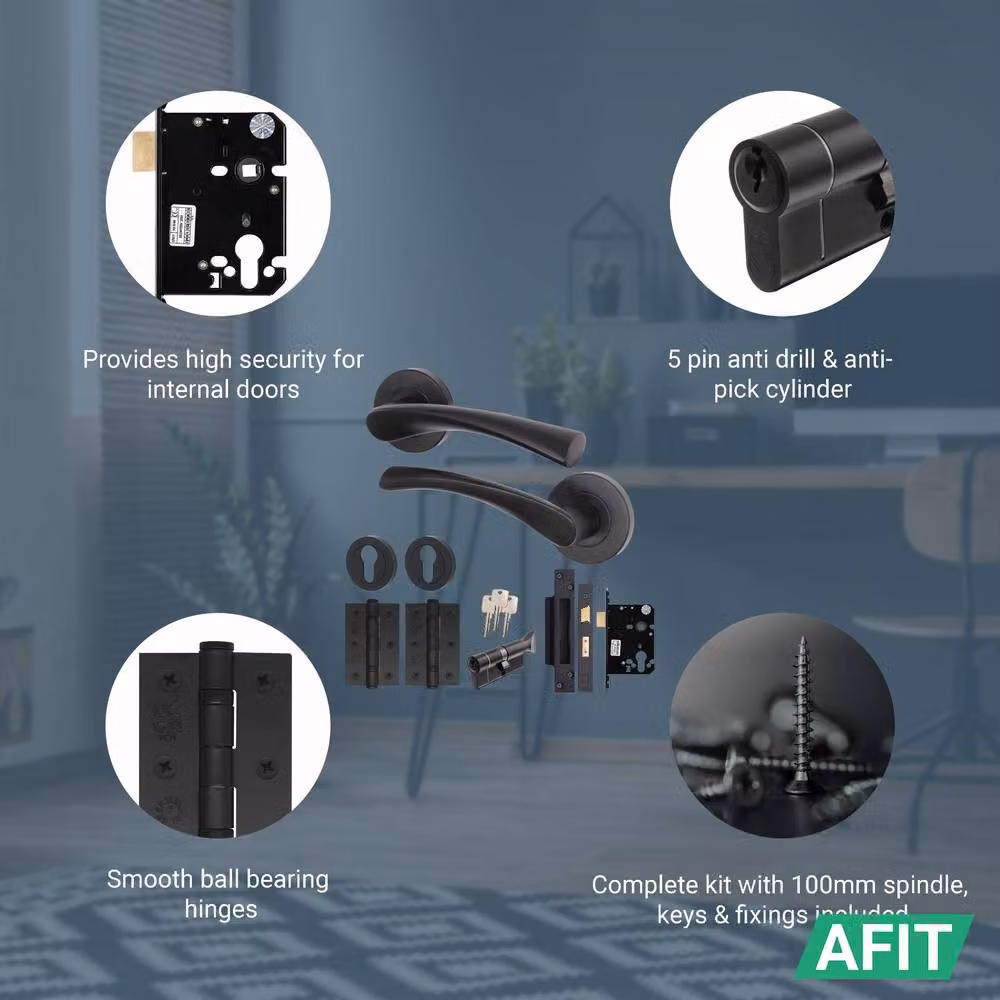 AFIT Matt Black Door Handle Rose Set with Thumbturn Cylinder and Hinges, 1 Pair – 4