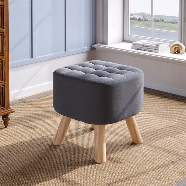 Livingandhome Modern Rectangular Padded Footstool in Grey Linen Fabric with Wooden Legs