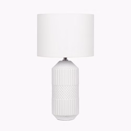 Pacific Lifestyle Geometric Textured Ceramic Table Lamp in Grey and White with White Fabric Drum Shade – 3