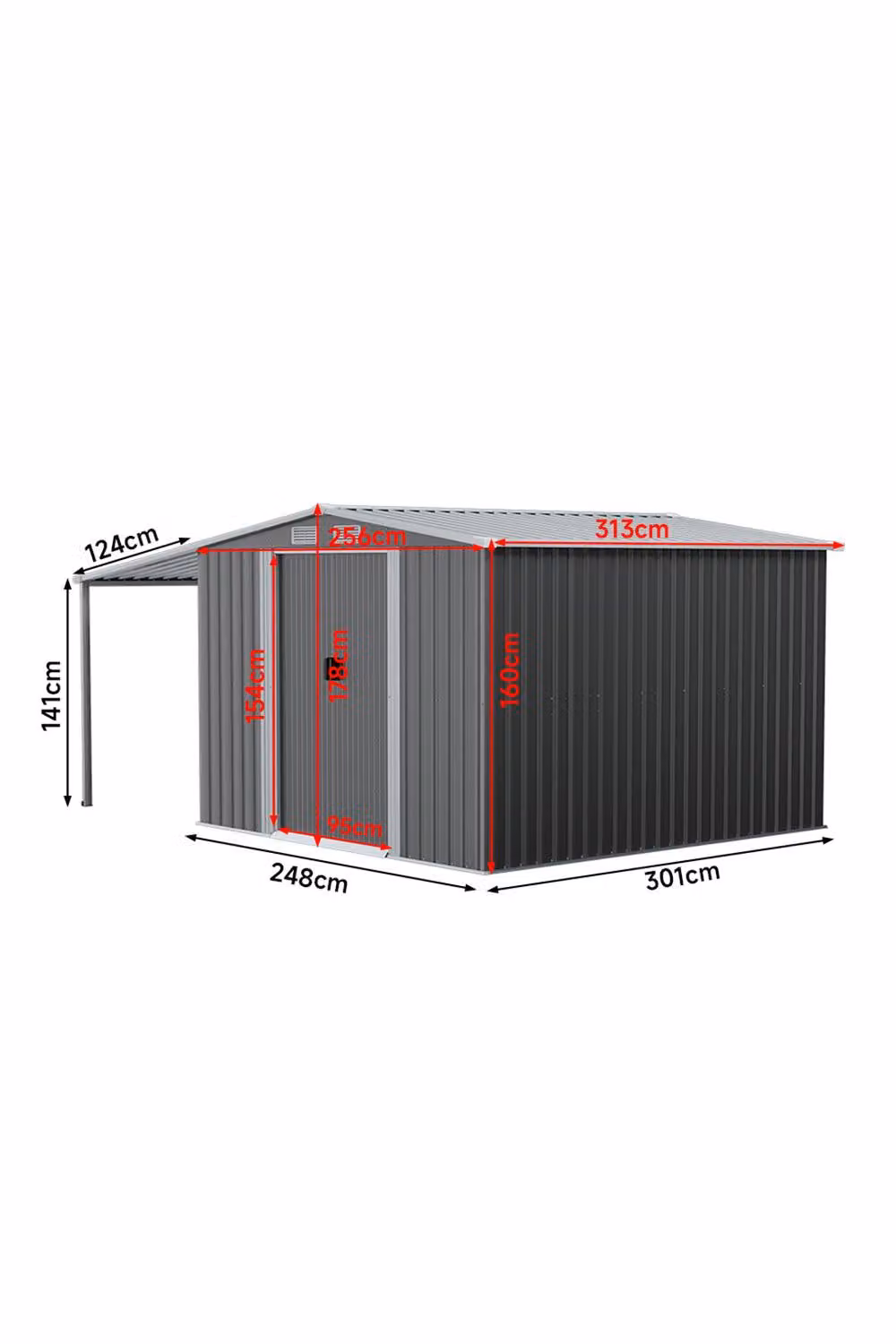 Garden Sanctuary Modern Metal Outdoor Storage Shed with Lean-to and Sliding Doors in Matt Dark Grey, W/D/H: 313 x 301 x 180 cm – 2
