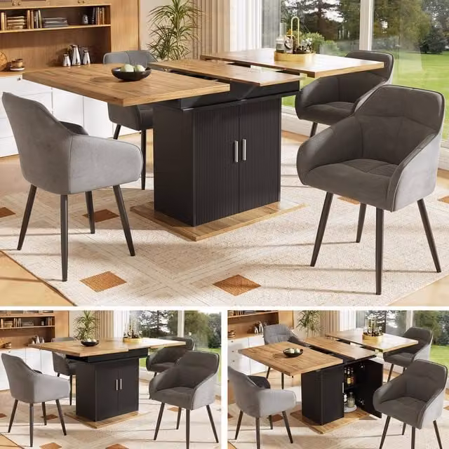 Rolipo Extendable Dining Table with Storage Cabinet in Black, 140 cm