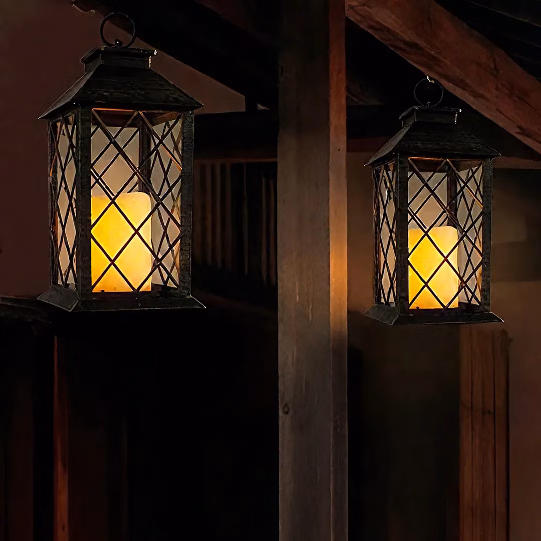 Bright Zeal 2 Piece Black and Gold Decorative Metal and Glass Candle Lanterns with Flicker Effect – 6