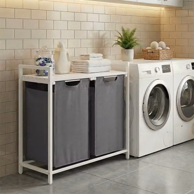 VASAGLE Laundry Basket with 2 Compartments and 2 Removable Liners, Grey