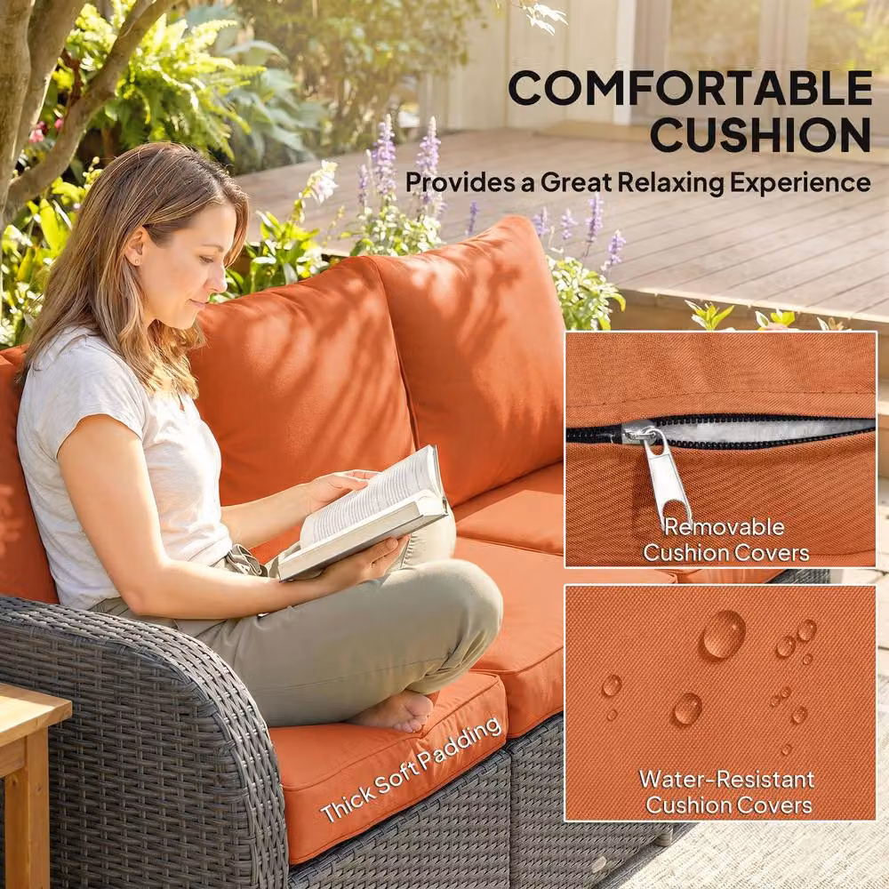 ERGOVEXA Six-piece Rattan Garden Furniture Set with Orange Upholstered Cushions and Powder Coated Steel Frame – 6