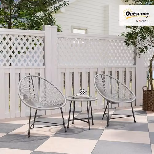 Outsunny 3 Piece Rattan Bistro Set with Acapulco Chairs and Glass Table, Grey – 2
