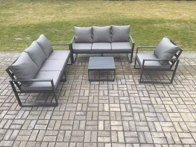 Fimous 7 Seater L-Shape Outdoor Garden Furniture Set with Upholstered Cushions and Coffee Table in Dark Grey