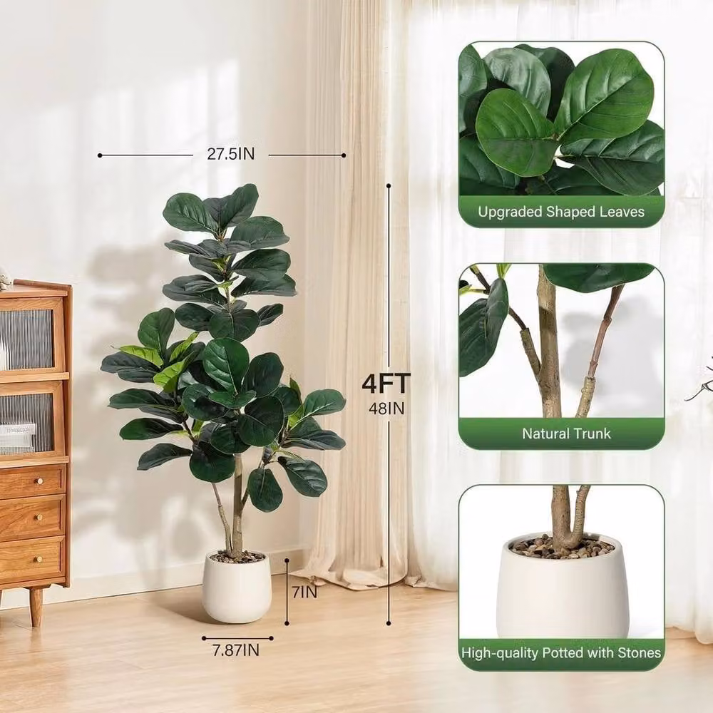 VOGREX 4ft Fiddle Leaf Fig Artificial Ficus Lyrata Tree in Green, Grey and Brown – 2