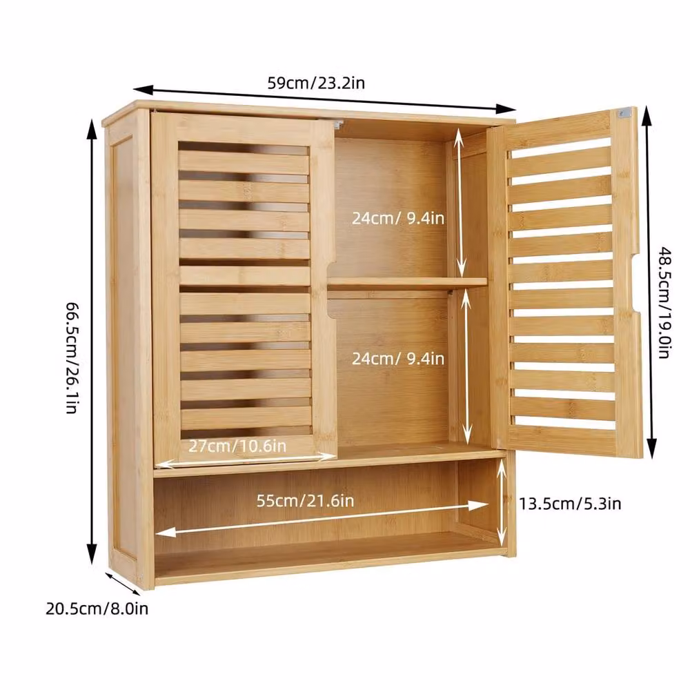VOGREX Beige Bamboo 2-Door Wall Mounted Over-Toilet Bathroom Cabinet with Internal Shelves – 2