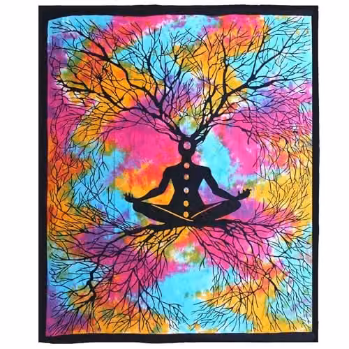KDMD Double Cotton Bedspread and Yoga Tree Wall Hanging Set in Multicolour Boho Style – 1