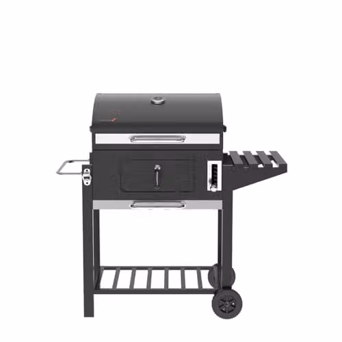 Charles Bentley American Large Portable Charcoal BBQ Grill in Black with Thermometer, Warming Rack and Wheels – 2