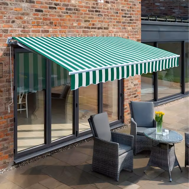 Primrose Manual Retractable Wall-Mounted Awning with Aluminium Frame, Green and White, W: 300 cm x D: 250 cm