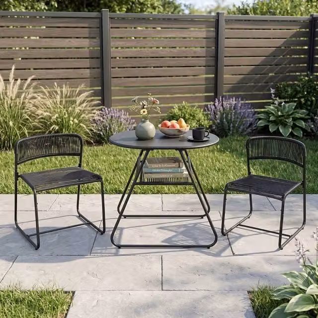 Gymax 3 Piece PE Rattan Bistro Set with 2-Tier Coffee Table and 2 Stackable Chairs in Black