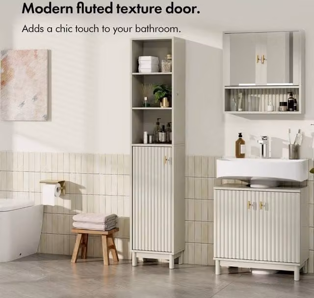 EONLION Tall Bathroom Storage Cabinet in Beige with Soft-Close Hinged Doors and Internal Shelves – 1