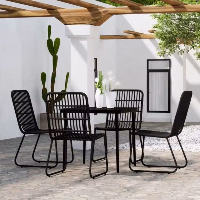 Berkfield Home 5 Piece Modern Garden Dining Set in Black Matt Metal, Glass and Rattan – 1