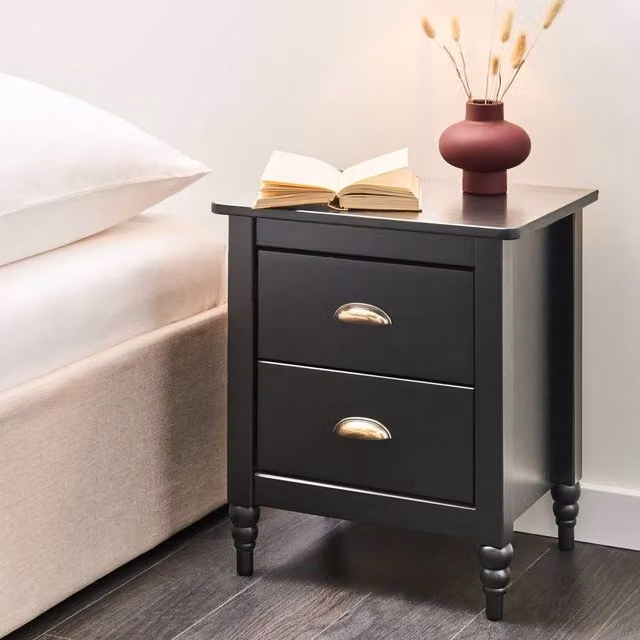 Wyld and Coco Matte Black 2-Drawer Pine Wood Nightstand – 1