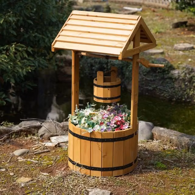 Actiasgear Wooden Wishing Well Garden Planter Tub in Brown