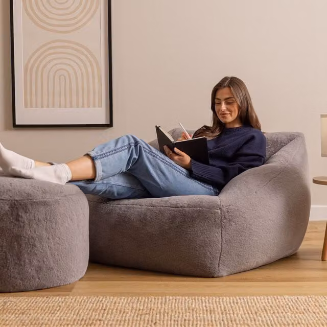 icon Natalia Faux Fur Bean Bag Armchair and Round Footstool Set, Grey