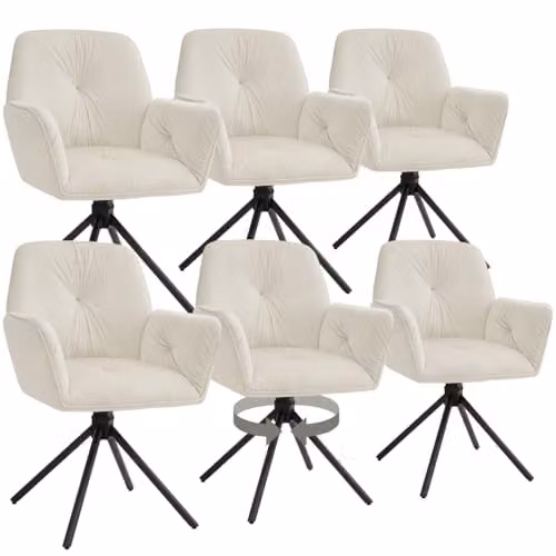 tectake Set of 6 Lenia Swivel Dining Chairs with Velvet Fabric in Cream and Black