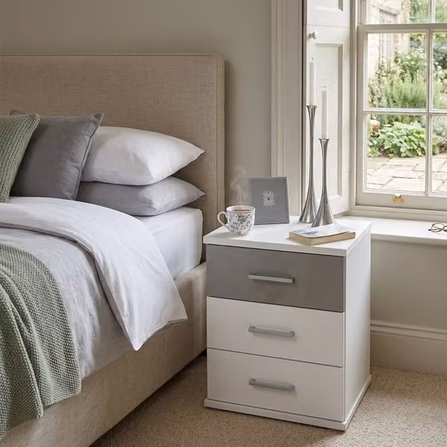 KDMD Modern 3 Drawer Bedside Cabinet in White and Grey