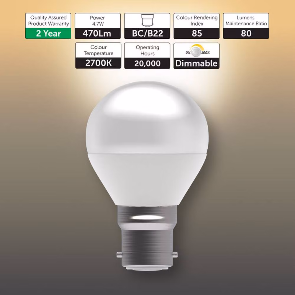BELL Lighting B22 Dimmable LED Golf Ball Bulb, Warm White, 470lm, 4.7W (40W Equivalent), Pack of 3 – 2